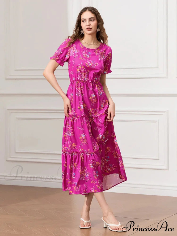 Flower Ruched Layered Puffy Sleeve Pleated Flowy Long Flower Dress floraldress-250126