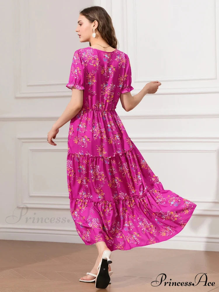 Flower Ruched Layered Puffy Sleeve Pleated Flowy Long Flower Dress floraldress-250126