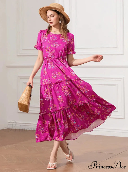 Flower Ruched Layered Puffy Sleeve Pleated Flowy Long Flower Dress floraldress-250126