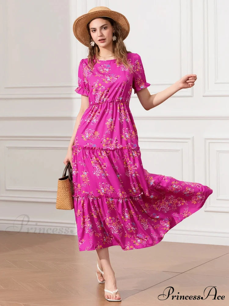 Flower Ruched Layered Puffy Sleeve Pleated Flowy Long Flower Dress floraldress-250126
