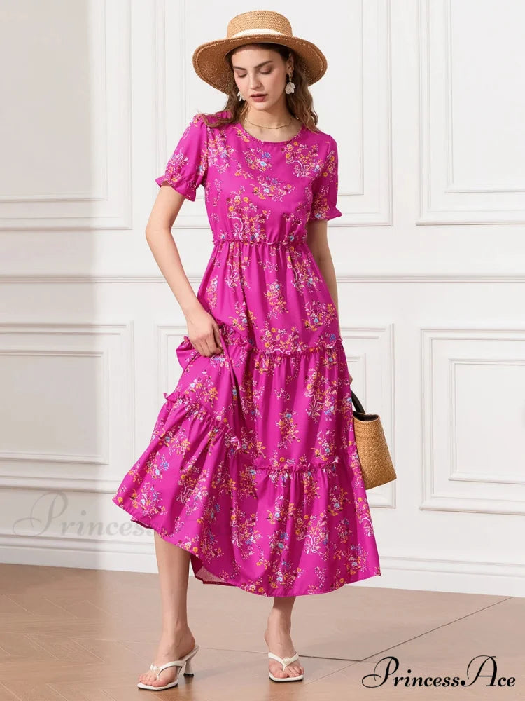 Flower Ruched Layered Puffy Sleeve Pleated Flowy Long Flower Dress floraldress-250126
