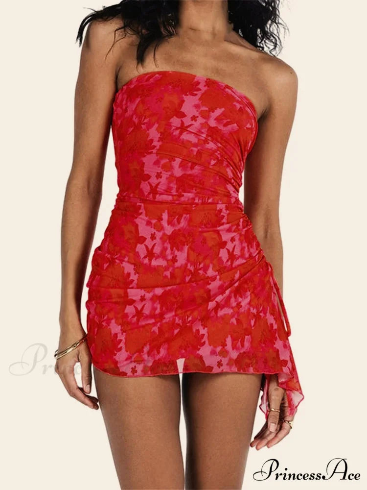 Flower Ruched Side-Split Mini Dress red / S minidress-250223