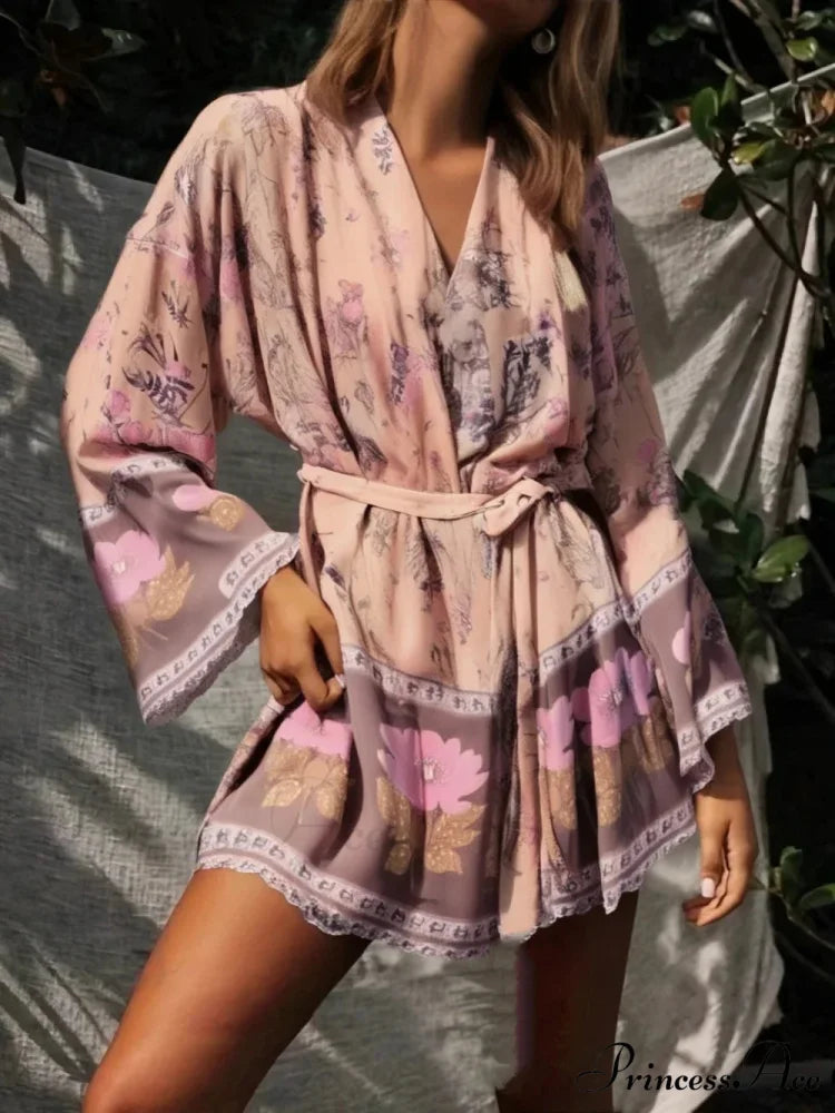 Flower Sashes Bat Sleeve Bohemian Kimono Dress Pink / S bohodress-250126