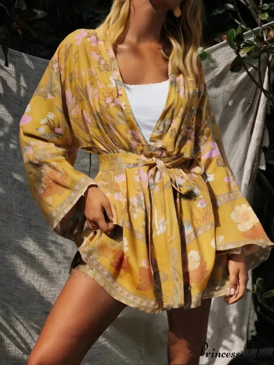 Flower Sashes Bat Sleeve Bohemian Kimono Dress Yellow / S bohodress-250126