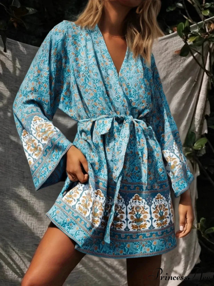 Flower Sashes Bohemian Kimono Swimsuit Cover-up Green / S bohodress-250126