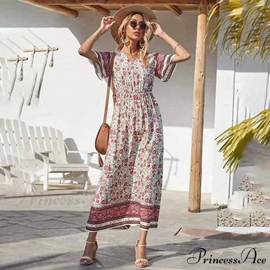 Flower Short Sleeve Seaside Bohemian Dress Beige / S bohodress-250126