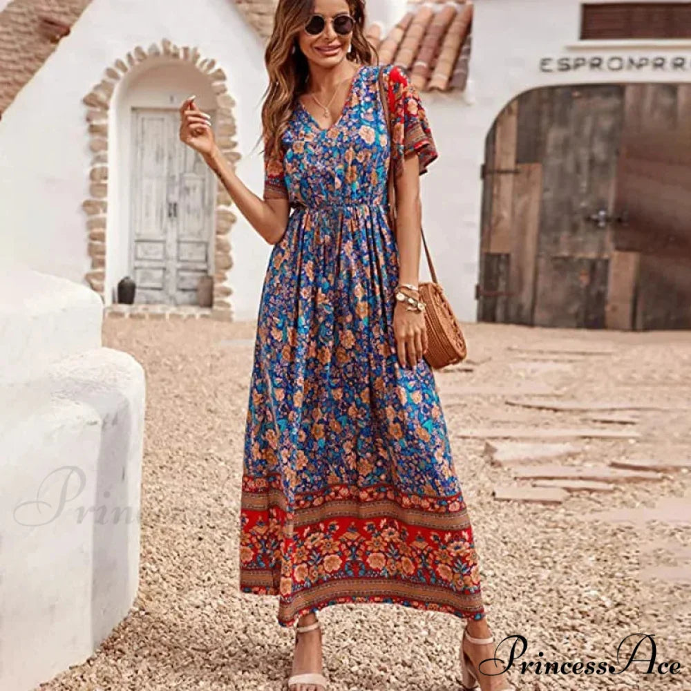 Flower Short Sleeve Seaside Bohemian Dress deep blue / S bohodress-250126