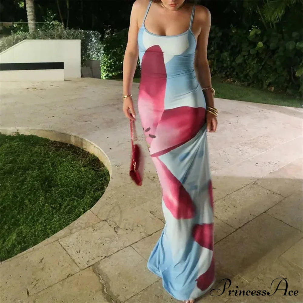 Flower Slip Thin Strap Open-Back Bohemian Sun Dress Blue / S floraldress-250126