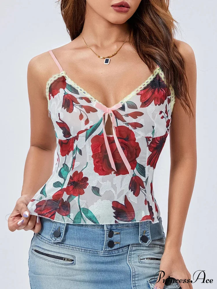 Flower Spaghetti Strap Bandage Lace Trim V-neck Camisole croptop-250126