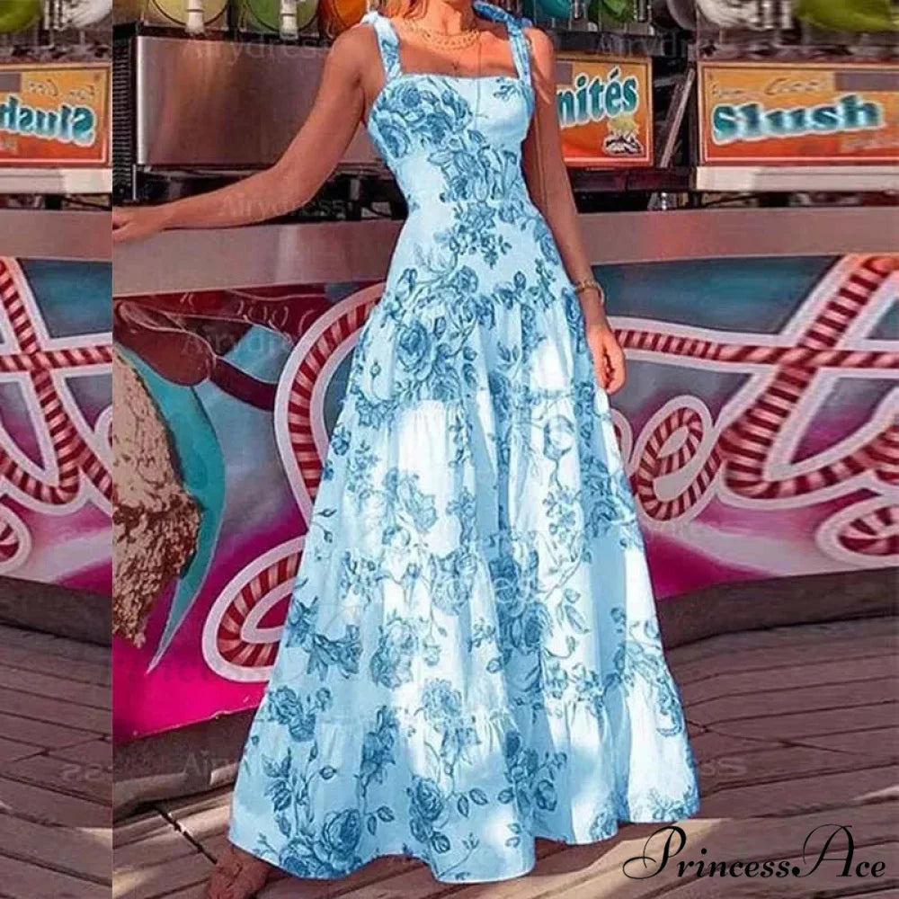 Flower Spaghetti Strap Tall Waist Maxi Dress Blue / S floraldress-250126