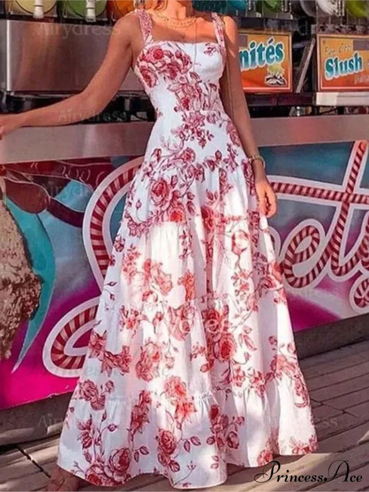 Flower Spaghetti Strap Tall Waist Maxi Dress floraldress-250126