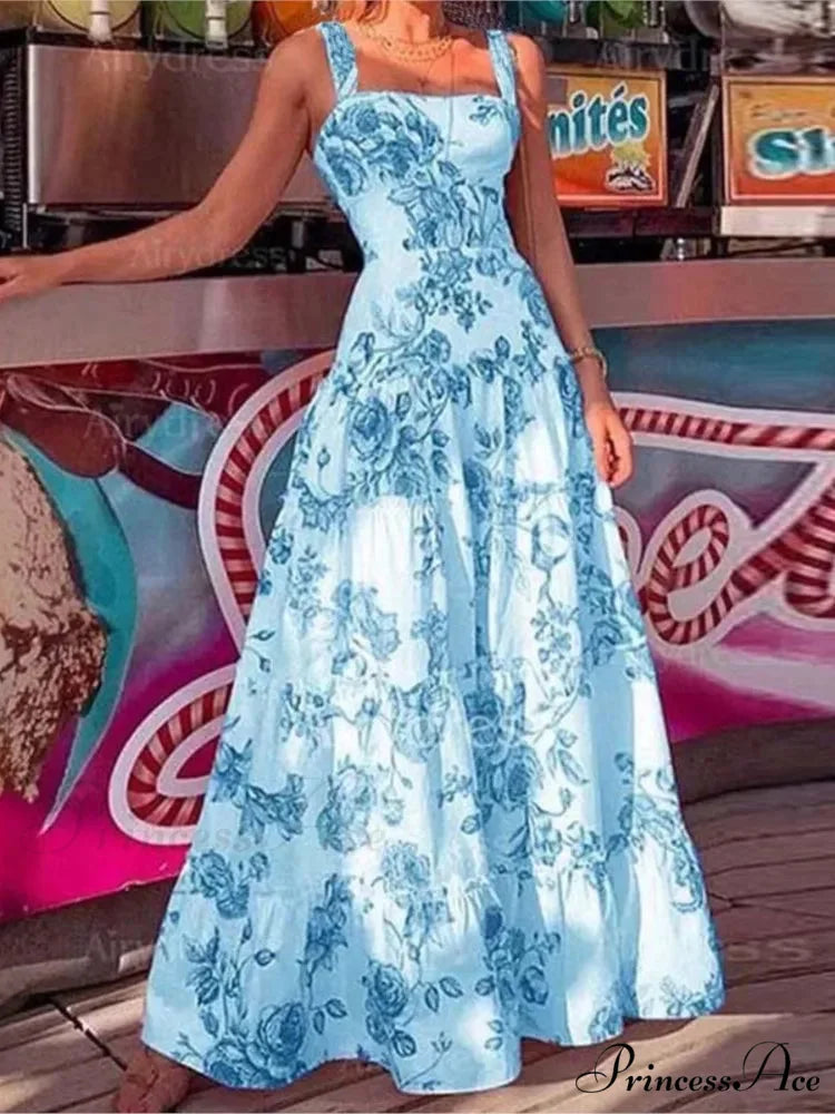 Flower Spaghetti Strap Tall Waist Maxi Dress floraldress-250126