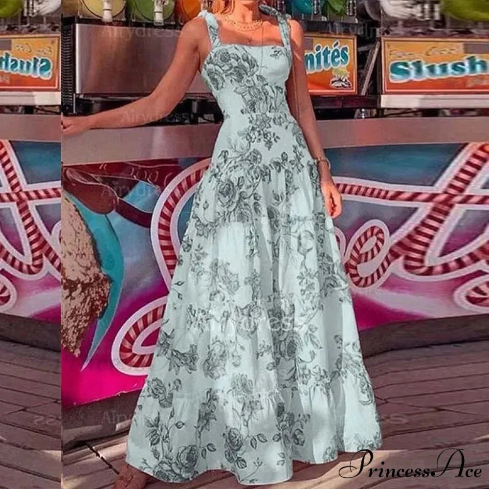 Flower Spaghetti Strap Tall Waist Maxi Dress GRAY / S floraldress-250126