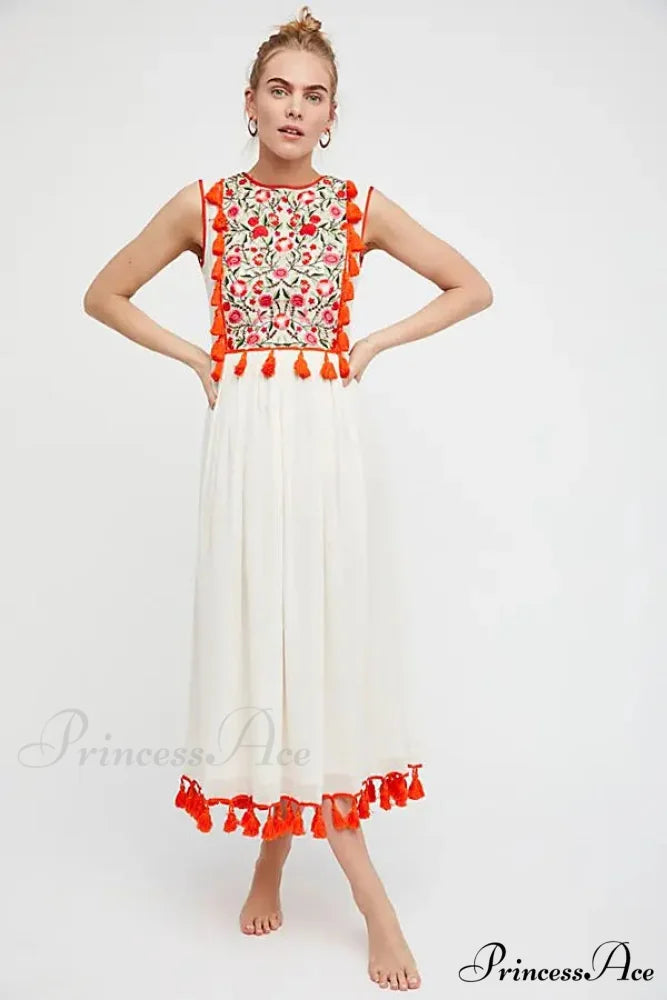 Flower Stitch Sleeveless Fringe Cotton Bohemian Dress Beige / S bohodress-250126