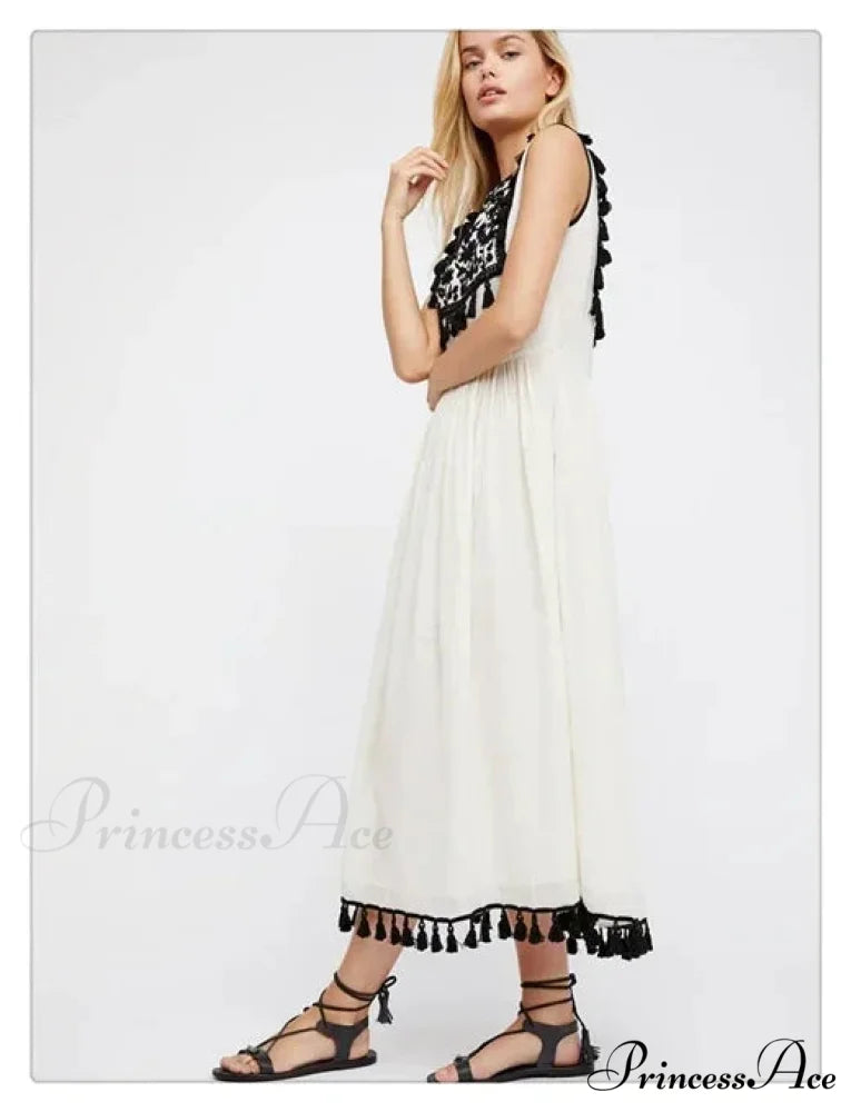 Flower Stitch Sleeveless Fringe Cotton Bohemian Dress bohodress-250126