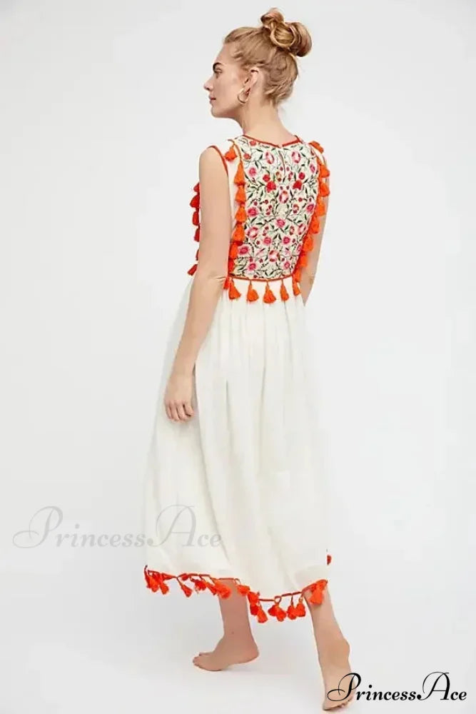 Flower Stitch Sleeveless Fringe Cotton Bohemian Dress bohodress-250126