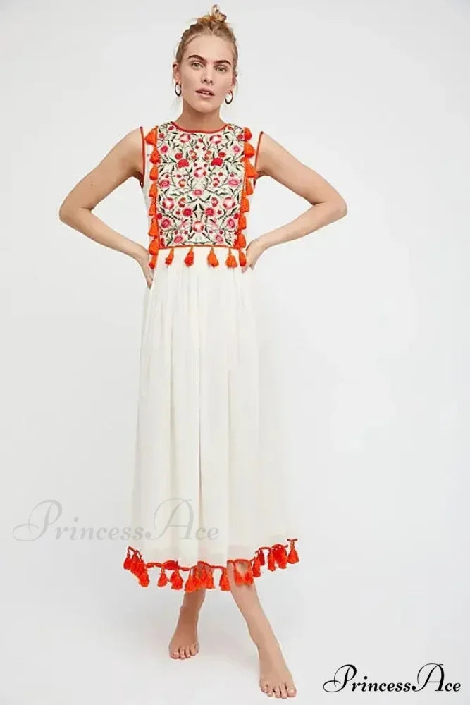 Flower Stitch Sleeveless Fringe Cotton Bohemian Dress bohodress-250126