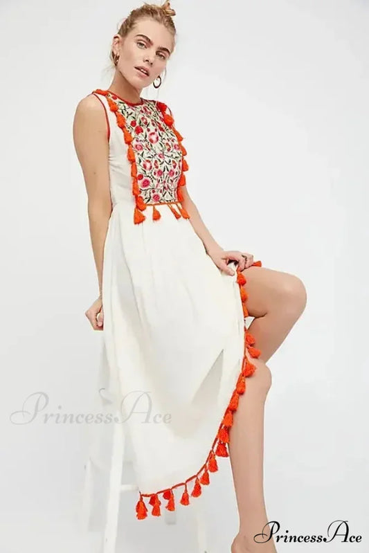 Flower Stitch Sleeveless Fringe Cotton Bohemian Dress bohodress-250126