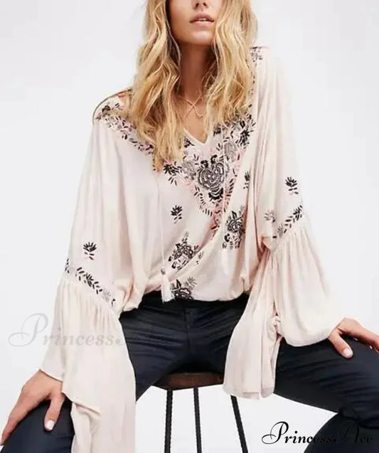 Flower Stitched Flare Sleeve V-Neck Informal Bohemian Blouse Beige / S bohoblouse-250126