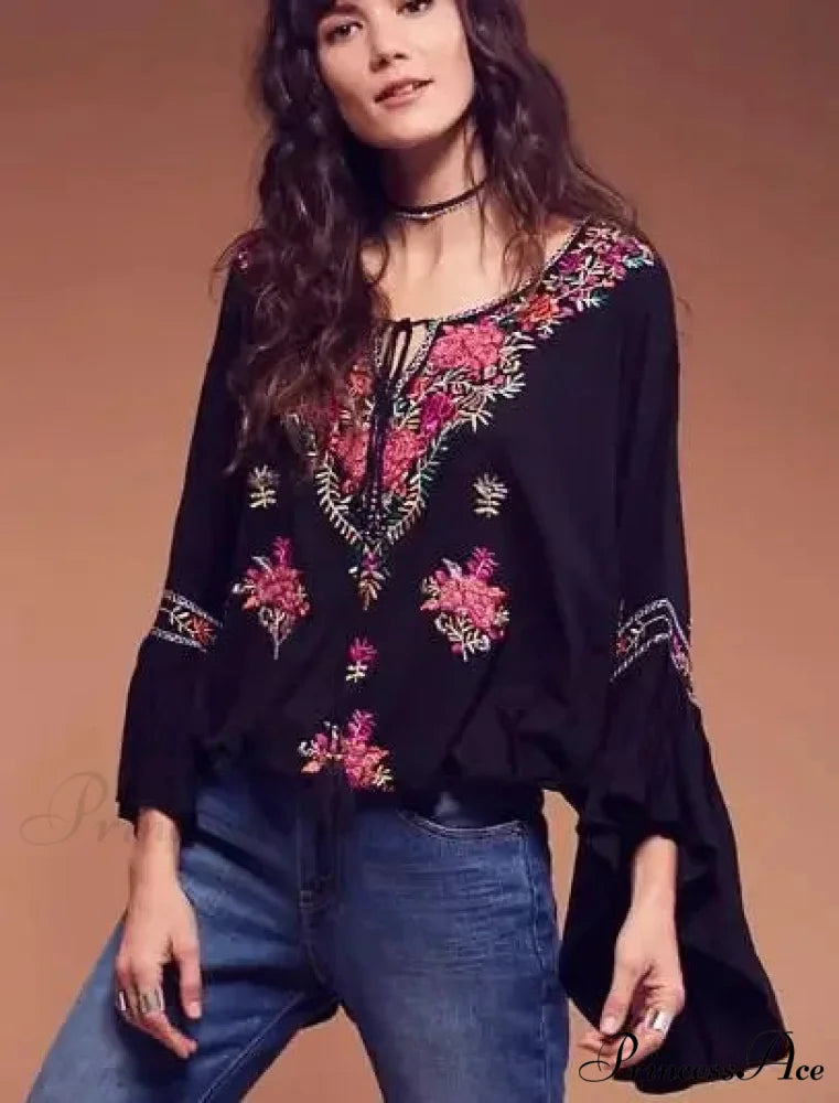 Flower Stitched Flare Sleeve V-Neck Informal Bohemian Blouse Black / S bohoblouse-250126