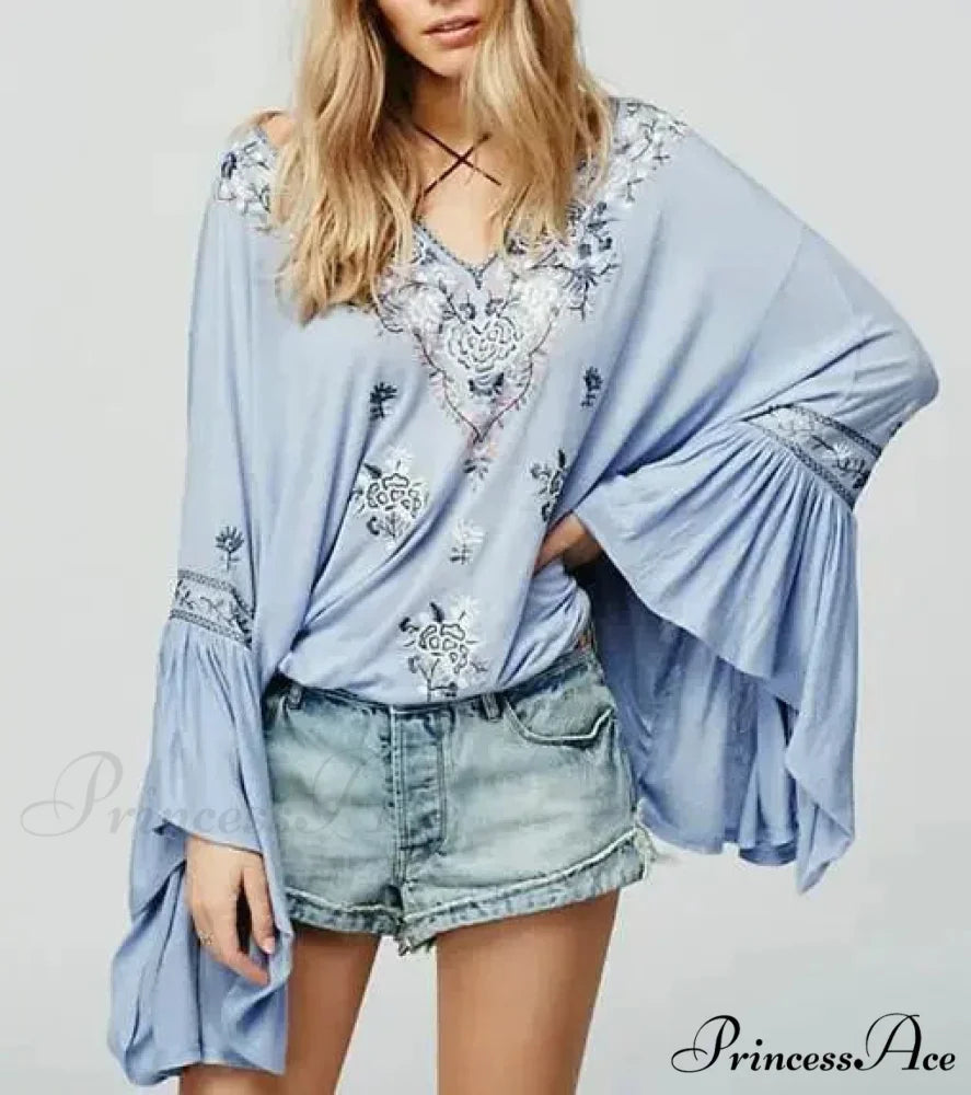 Flower Stitched Flare Sleeve V-Neck Informal Bohemian Blouse Blue / S bohoblouse-250126