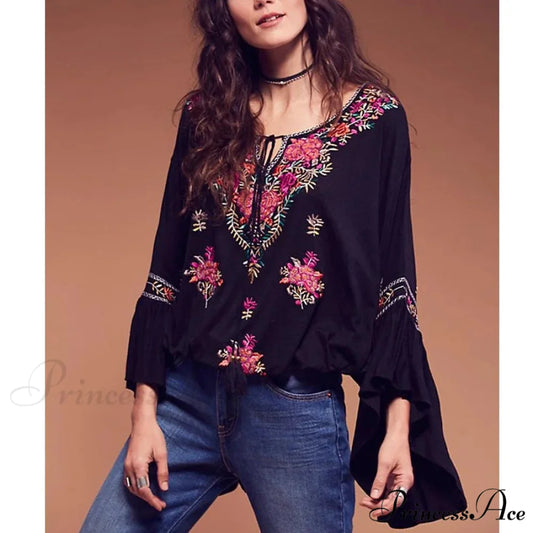 Flower Stitched Flare Sleeve V-Neck Informal Bohemian Blouse bohoblouse-250126