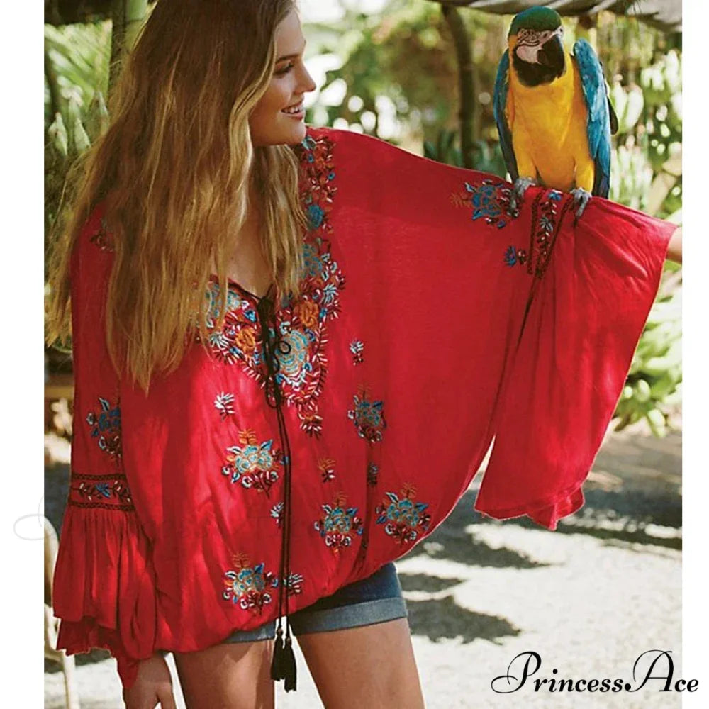 Flower Stitched Flare Sleeve V-Neck Informal Bohemian Blouse bohoblouse-250126