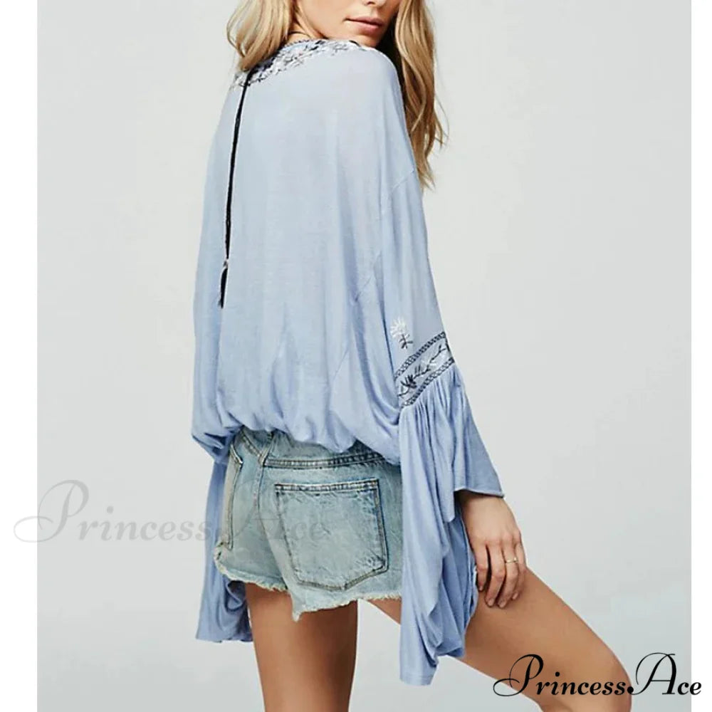 Flower Stitched Flare Sleeve V-Neck Informal Bohemian Blouse bohoblouse-250126