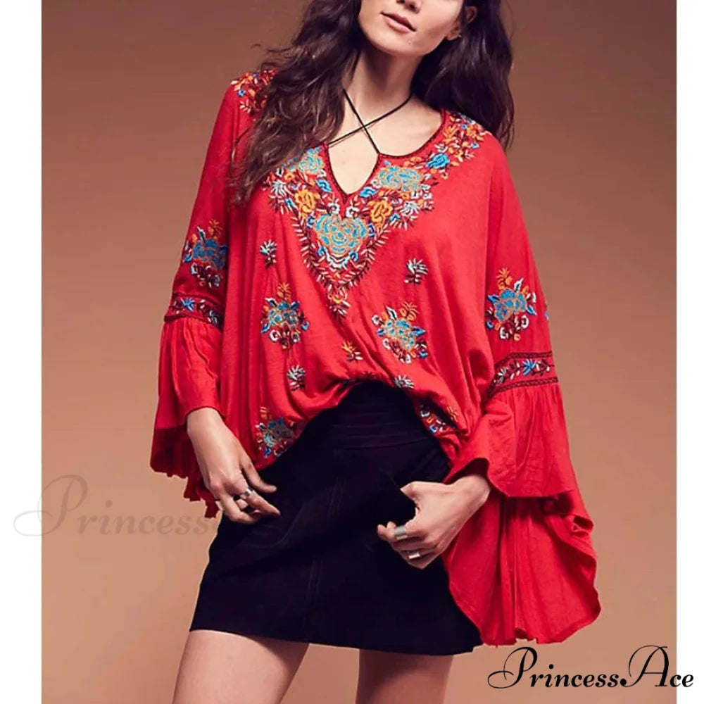 Flower Stitched Flare Sleeve V-Neck Informal Bohemian Blouse bohoblouse-250126