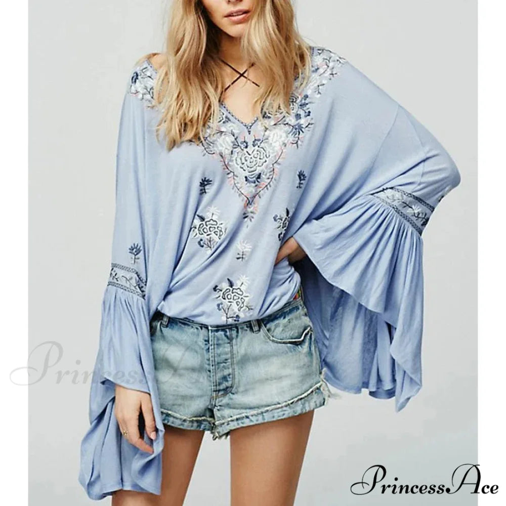 Flower Stitched Flare Sleeve V-Neck Informal Bohemian Blouse bohoblouse-250126