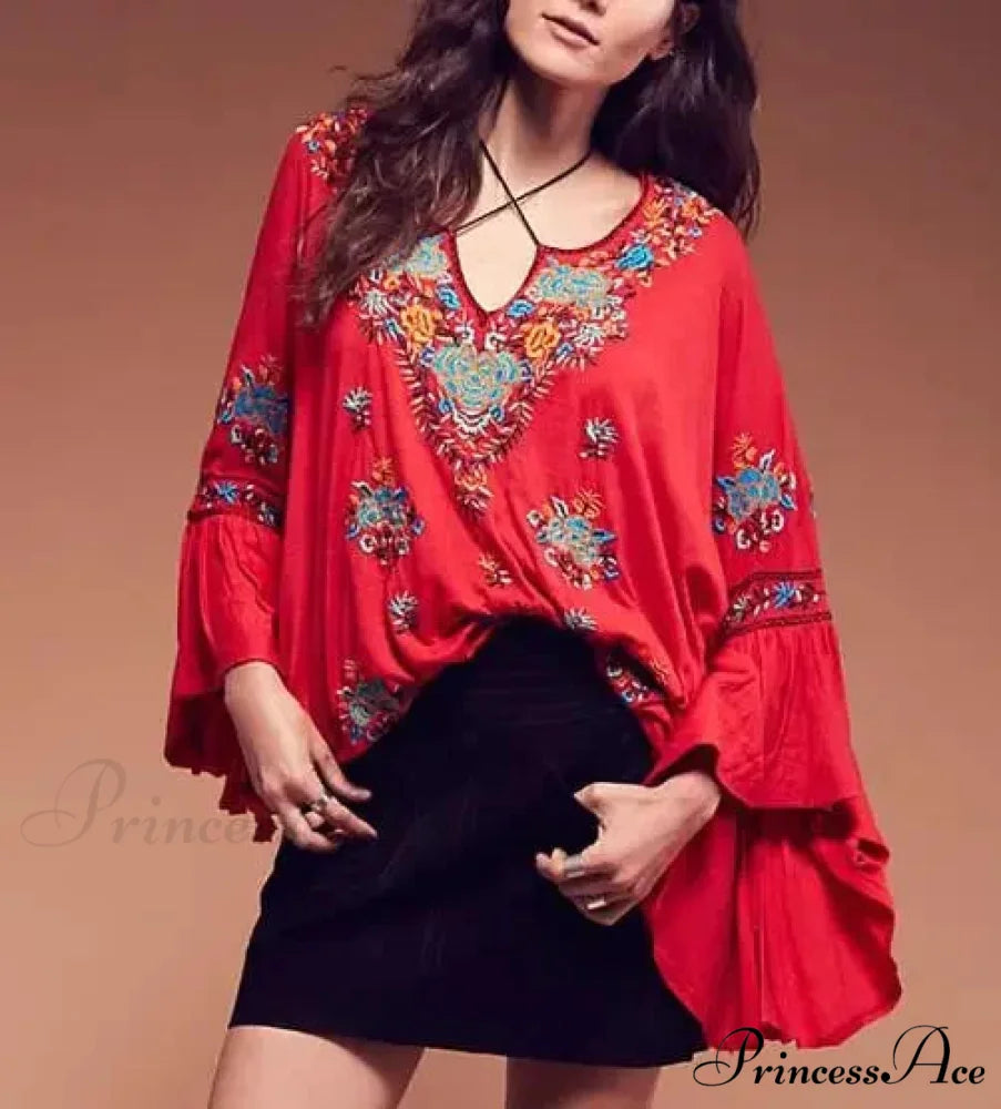 Flower Stitched Flare Sleeve V-Neck Informal Bohemian Blouse Red / S bohoblouse-250126