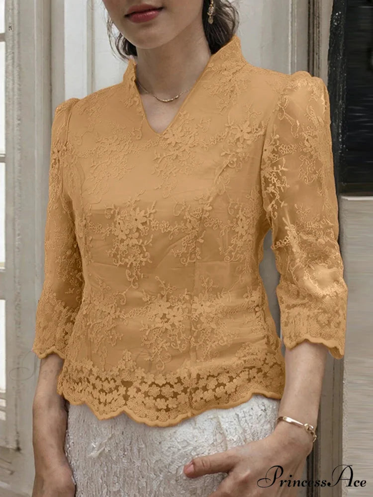Flower Stitched Semi-Transparent Blouse V-neck Blouse Khaki / S blouse-250126