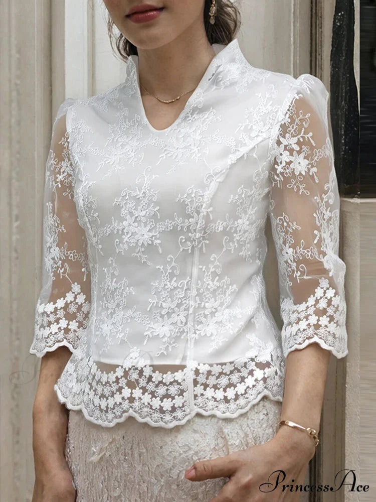 Flower Stitched Semi-Transparent Blouse V-neck Blouse WHITE / S blouse-250126