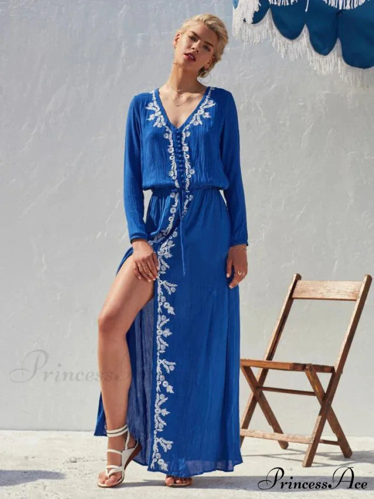 Flower Stitching Elastic Waist Vacation Long Bohemian Dress Blue / S bohodress-250126