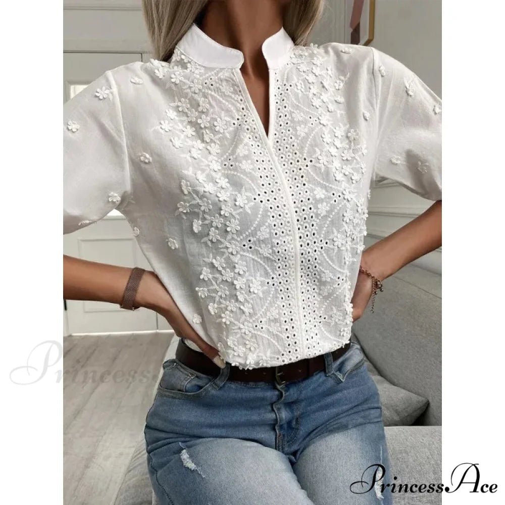 Flower Stitching Hollow Out V Neck Top blouse-250223