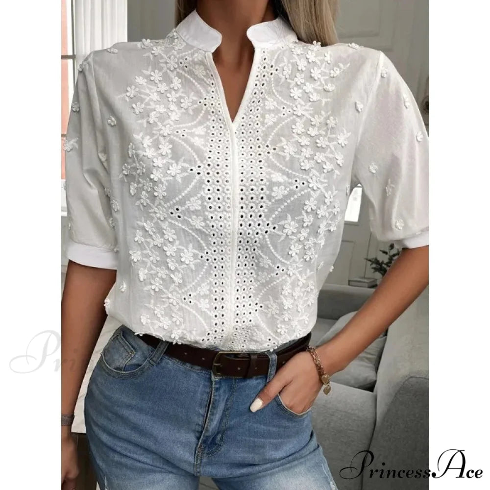 Flower Stitching Hollow Out V Neck Top blouse-250223