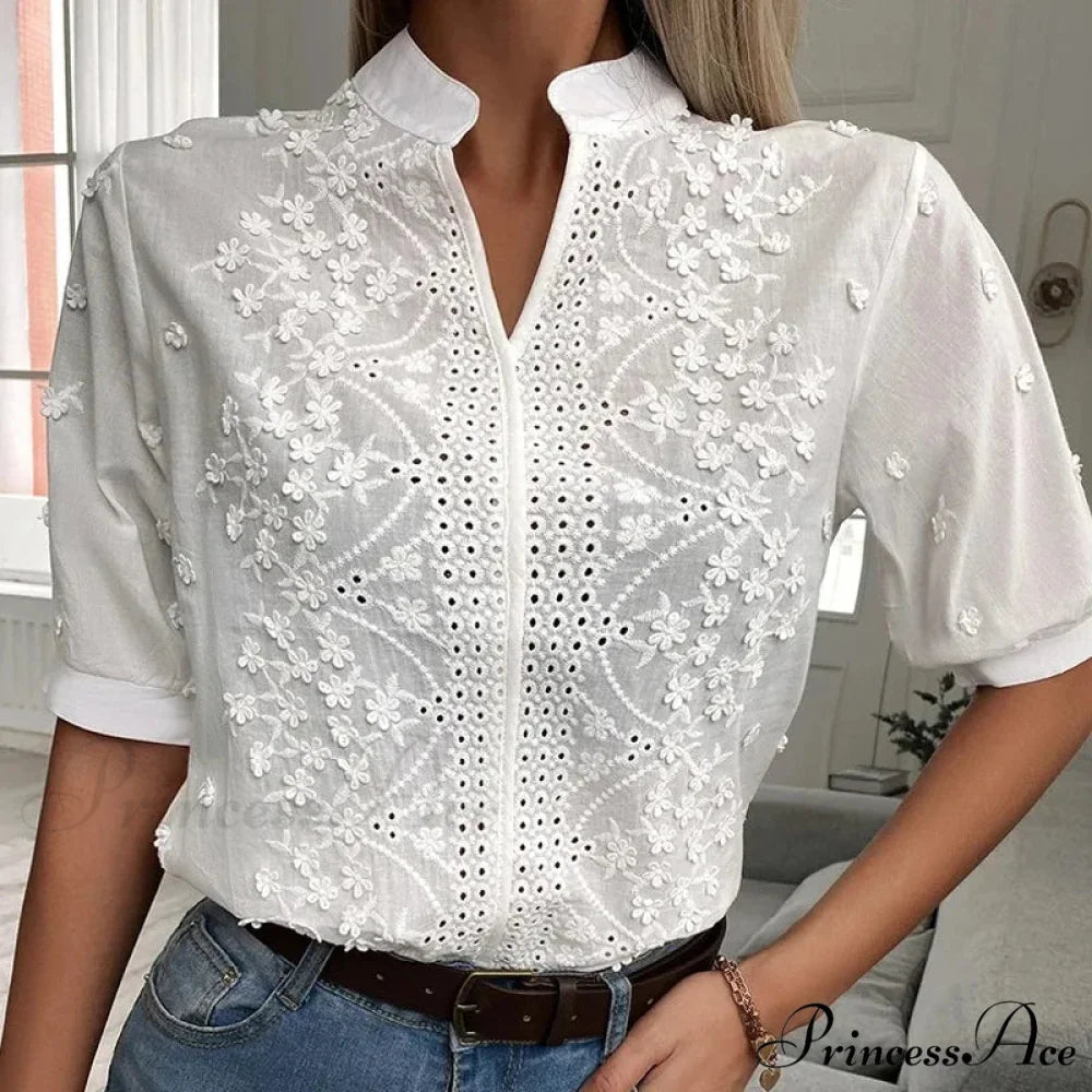 Flower Stitching Hollow Out V Neck Top blouse-250223