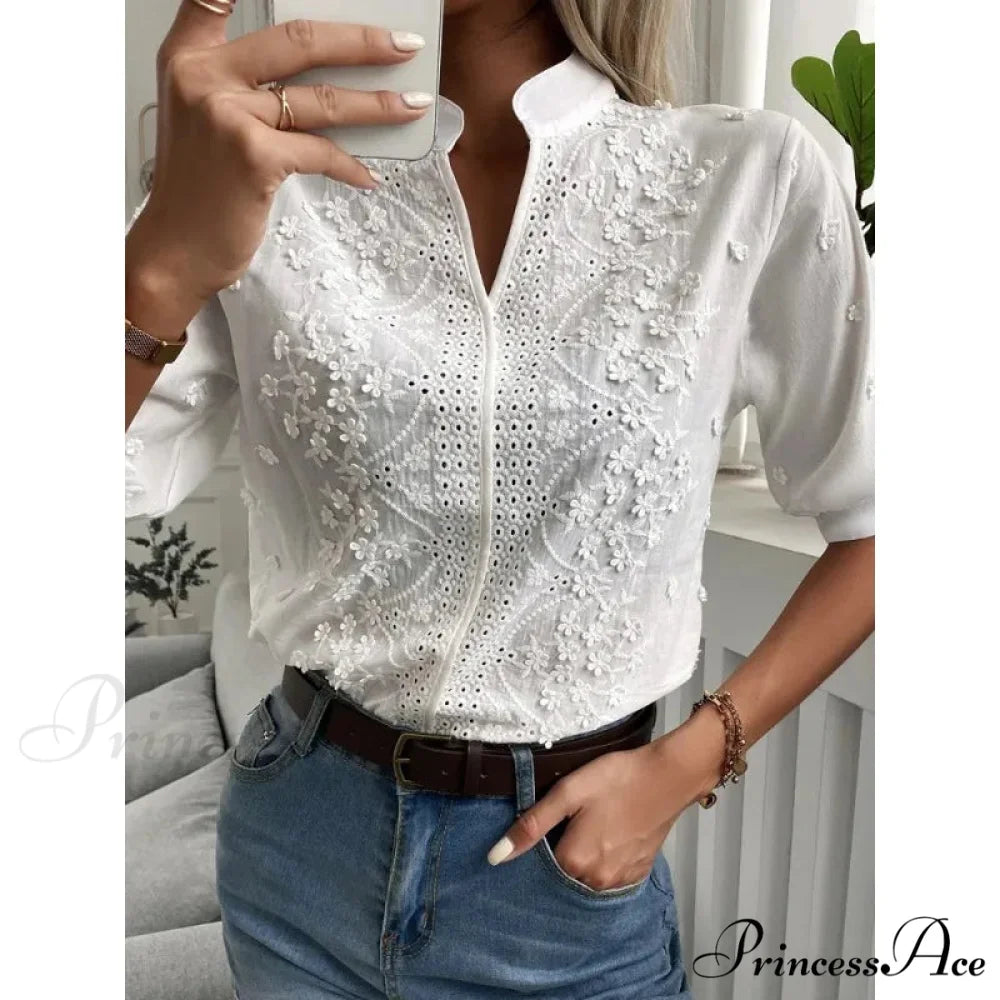 Flower Stitching Hollow Out V Neck Top blouse-250223