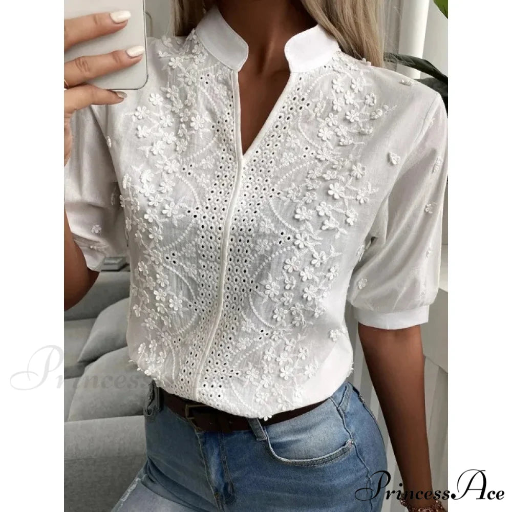 Flower Stitching Hollow Out V Neck Top WHITE / S blouse-250223