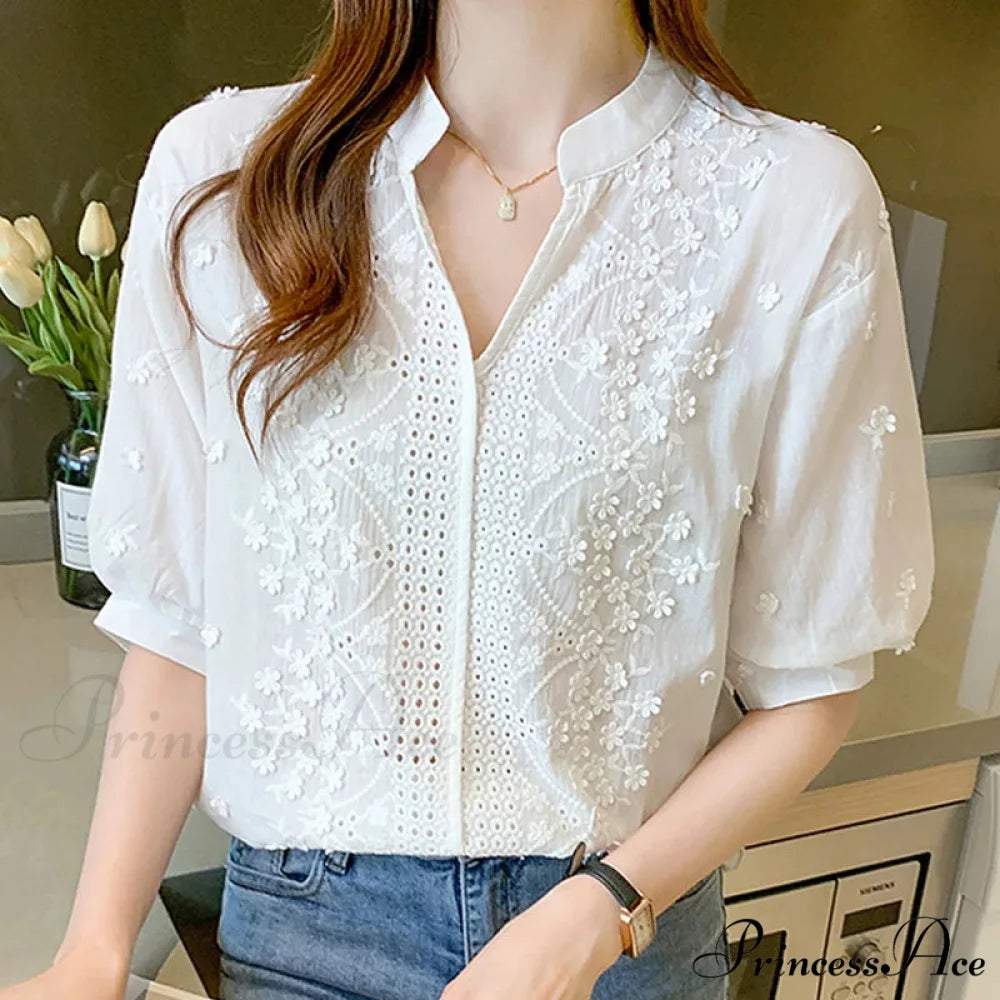 Flower Stitching Lace Hollow V-neck Blouse blouse-250126