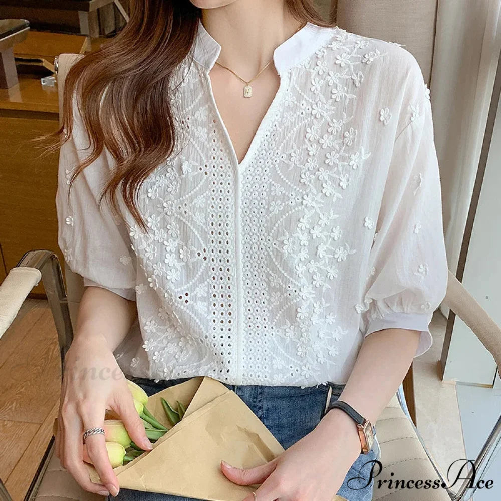 Flower Stitching Lace Hollow V-neck Blouse blouse-250126