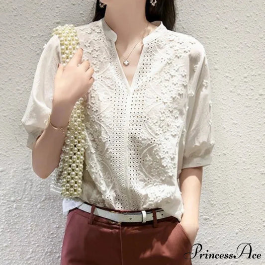 Flower Stitching Lace Hollow V-neck Blouse blouse-250126