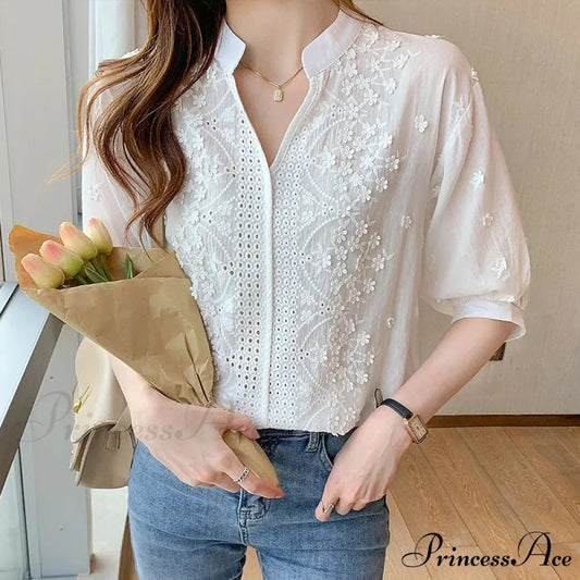 Flower Stitching Lace Hollow V-neck Blouse WHITE / S blouse-250126