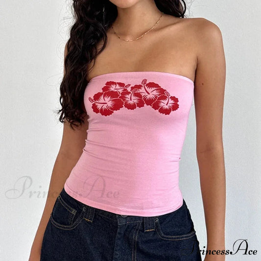 Flower Strapless Bandeau Backless Sleeveless Enchanting Coquette Off Shoulder Crop Top Pink / S croptop-250126