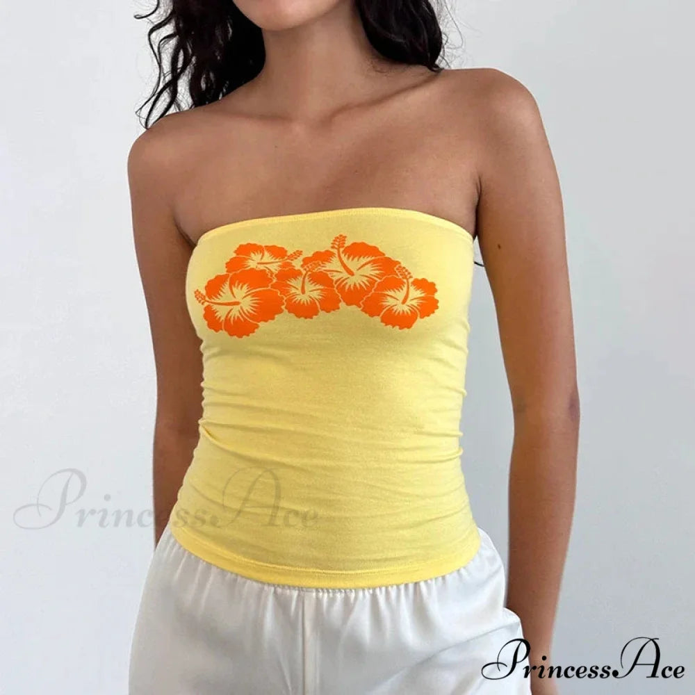 Flower Strapless Bandeau Backless Sleeveless Enchanting Coquette Off Shoulder Crop Top Yellow / S croptop-250126