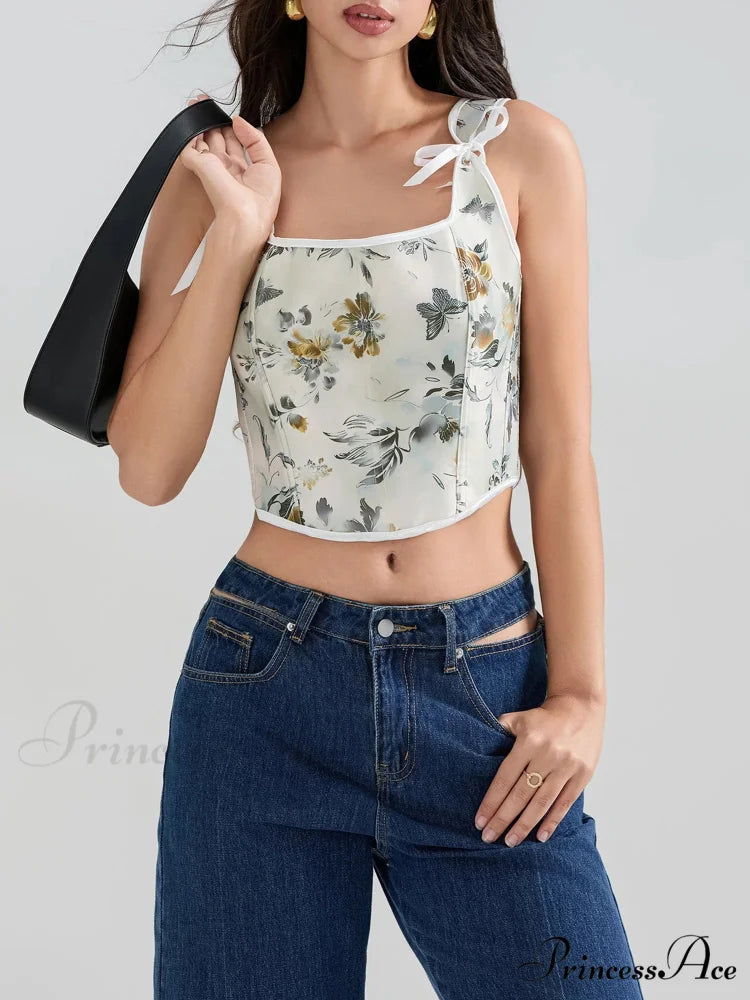 Flower Tie-back Retro Bodice Square Neck Crop Top croptop-250126