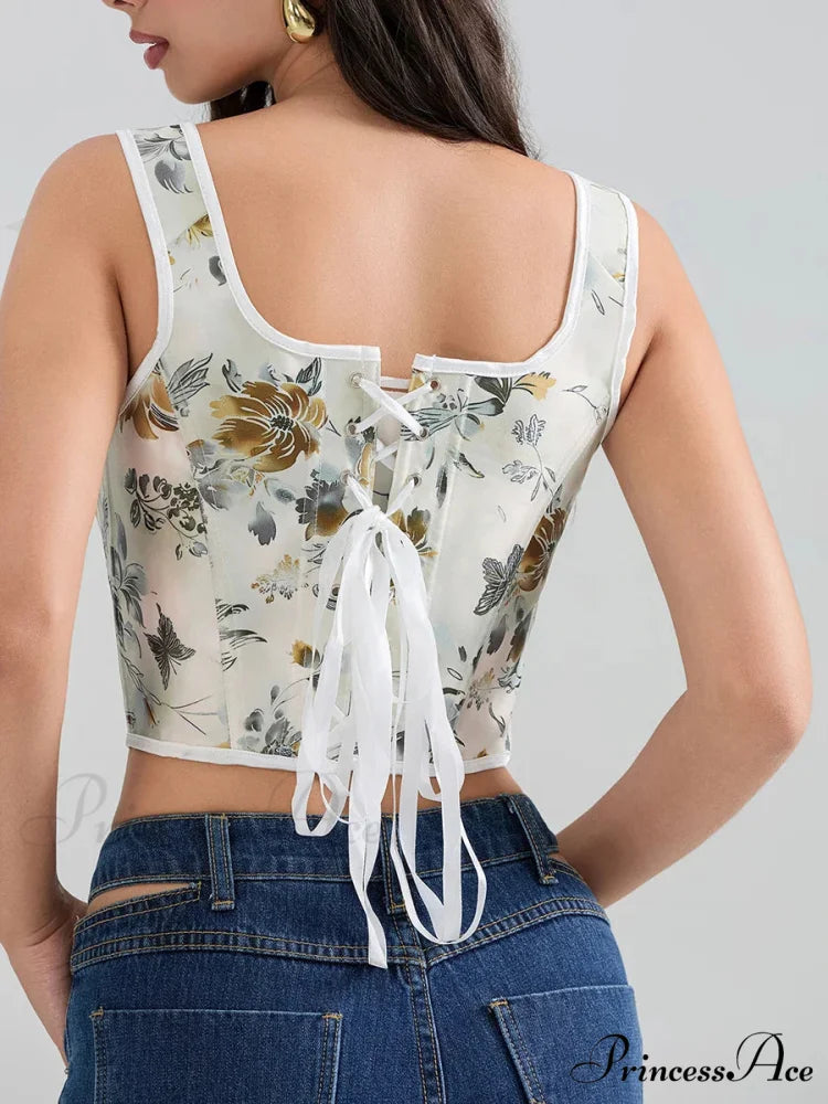 Flower Tie-back Retro Bodice Square Neck Crop Top croptop-250126