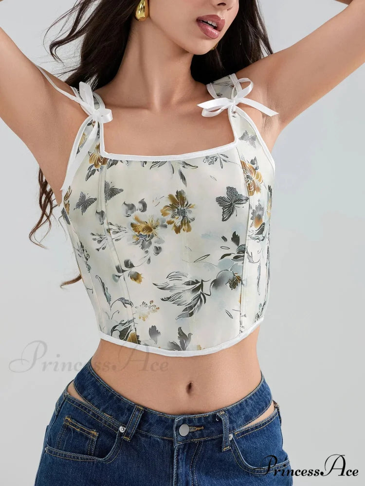 Flower Tie-back Retro Bodice Square Neck Crop Top croptop-250126