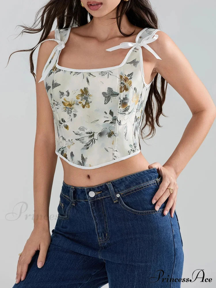 Flower Tie-back Retro Bodice Square Neck Crop Top croptop-250126