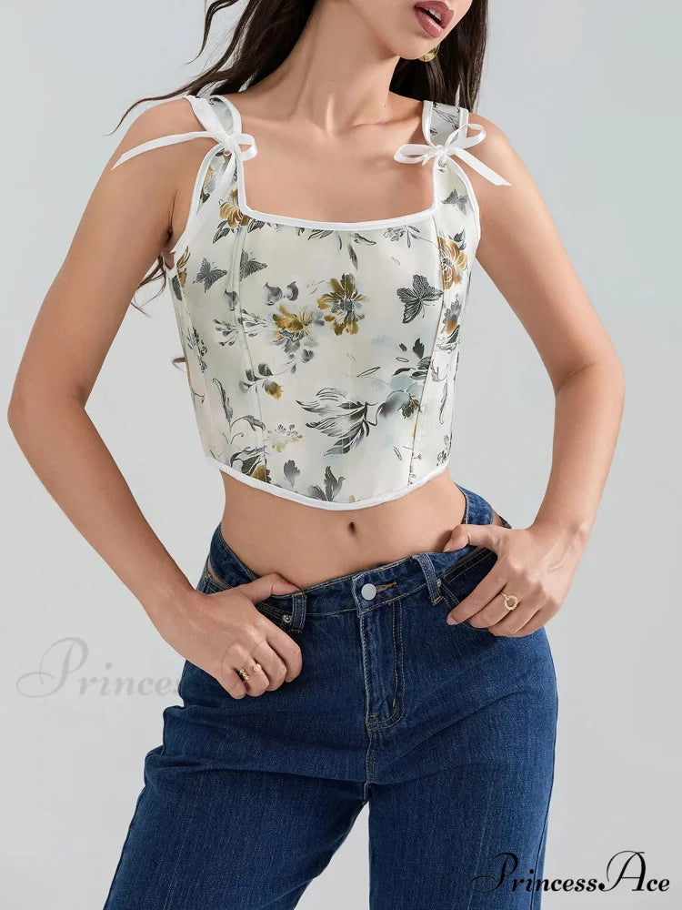 Flower Tie-back Retro Bodice Square Neck Crop Top croptop-250126